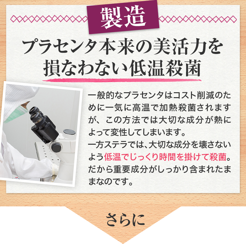 製造:プラセンタ本来の美活力を損なわない低温殺菌